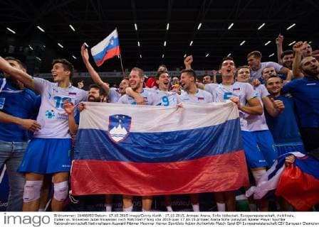 17.10.2015, Armeec Arena, Sofia Volleyball, Europameisterschaft, Halbfinale, Italien vs. Slowenien Jubel Slowenien nach Matchball Sieg