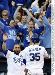 Oct. 17, 2015 - Kansas City, MO, USA - The Kansas City Royals Eric Hosmer (35) celebrates with Kendrys Morales after Hosmer scored in the seventh inning to tie the Toronto Blue Jays, 3-3, during Game 2 of the ALCS on at Kauffman Stadium in Kansas City, Mo., on Saturday, Oct. 17, 2015. Toronto at Kansas City, ALCS Game 2 - ZUMAm67_