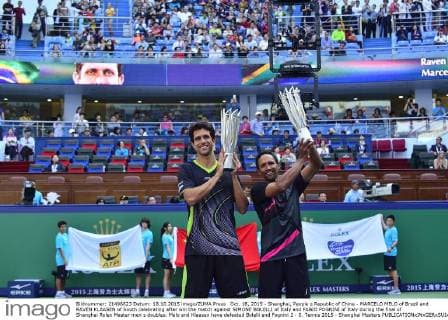 Oct. 18, 2015 - Shanghai, People s Republic of China - MARCELO MELO of Brazil and RAVEN KLAASEN of South celebrating after win the match against SIMONE BOLELLI of Italy and FABIO FOGNINI of Italy during the final of Shanghai Rolex Master men s doubles. Melo and Klaasen have defeated Bolelli and Fognini 2 - 0. Tennis 2015 - Shanghai Masters  - ZUMAm119