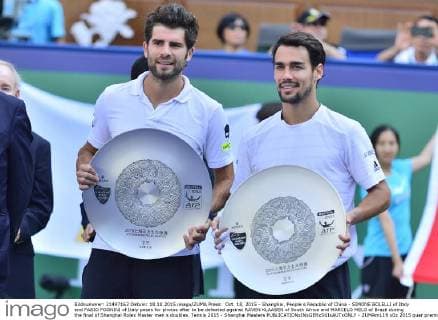 Oct. 18, 2015 - Shanghai, People s Republic of China - SIMONE BOLELLI of Italy and FABIO FOGNINI of Italy poses for photos after to be defeated against RAVEN KLAASEN of South Africa and MARCELO MELO of Brazil during the final of Shanghai Rolex Master men s doubles. Tennis 2015 - Shanghai Masters  - ZUMAm119