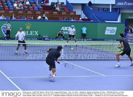 Oct. 18, 2015 - Shanghai, People s Republic of China - SIMONE BOLELLI of Italy and FABIO FOGNINI of Italy during the match against RAVEN KLAASEN of South Africa and MARCELO MELO of Brazil during the final of Shanghai Rolex Master men s doubles. Tennis 2015 - Shanghai Masters  - ZUMAm119