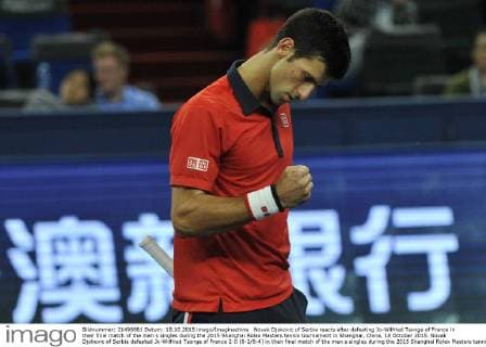 Novak Djokovic of Serbia reacts after defeating Jo-Wilfried Tsonga of France in their final match of the men s singles during the 2015 Shanghai Rolex Masters tennis tournament in Shanghai, China, 18 October 2015. Novak Djokovic of Serbia defeated Jo-Wilfried Tsonga of France 2-0 (6-2 6-4) in their final match of the men s singles during the 2015 Shanghai Rolex Masters tennis tournament in Shanghai, China, 18 October 2015. Djokovic defeats Jo-Wilfried Tsonga to win Shanghai Masters final  pbu347062_03