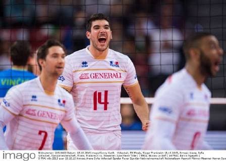 Volleyball, EM Finale, Sieger Frankreich 18.10.2015, Armeec Arena, Sofia Volleyball, Europameisterschaft, Finale, Frankreich vs. Slowenien Jubel Kevin Tillie ( 7 FRA), Nicolas Le Goff ( 14 FRA), Earvin Ngapeth ( 9 FRA)
