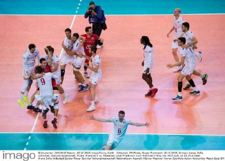 Volleyball, EM Finale, Sieger Frankreich 18.10.2015, Armeec Arena, Sofia Volleyball, Europameisterschaft, Finale, Frankreich vs. Slowenien Jubel Frankreich nach Matchball Sieg