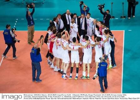 Volleyball, EM Finale, Sieger Frankreich 18.10.2015, Armeec Arena, Sofia Volleyball, Europameisterschaft, Finale, Frankreich vs. Slowenien Jubel Frankreich nach Matchball Sieg