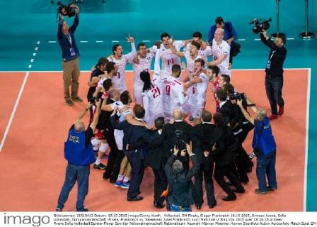 Volleyball, EM Finale, Sieger Frankreich 18.10.2015, Armeec Arena, Sofia Volleyball, Europameisterschaft, Finale, Frankreich vs. Slowenien Jubel Frankreich nach Matchball Sieg