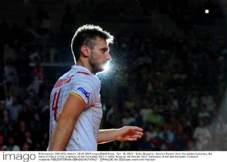 Oct. 18, 2015 - Sofia, Bulgaria - Antonin Rouzier from the golden medalists, the team of France at the ceremony at the Eurovolley 2015 in Sofia, Bulgaria, 18 Oktober 2015. Ceremony of the new European volleyball medalists  - ZUMAn230