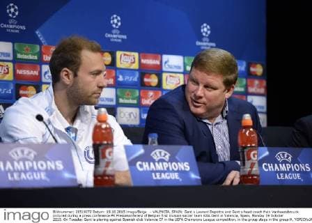 - VALENCIA, SPAIN: Gent s Laurent Depoitre and Gent s head coach Hein Vanhaezebrouck pictured during a press conference PK Pressekonferenz of Belgian first division soccer team KAA Gent in Valencia, Spain, Monday 19 October 2015. On Tuesday Gent is playing against Spanish club Valencia CF in the UEFA Champions League competition, in the group stage in the group H. YORICKxJANSENS  x04724420x