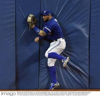 Oct. 19, 2015 - Toronto, CAN - Toronto Blue Jays center fielder Kevin Pillar catches a fly ball hit by Kansas City Royals center fielder Lorenzo Cain during the first inning on Monday, Oct. 19, 2015, at Rogers Centre in Toronto. Kansas City Royals at Toronto Blue Jays - ZUMAm67_