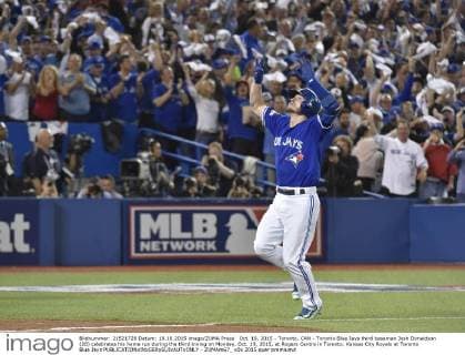 Oct. 19, 2015 - Toronto, CAN - Toronto Blue Jays third baseman Josh Donaldson (20) celebrates his home run during the third inning on Monday, Oct. 19, 2015, at Rogers Centre in Toronto. Kansas City Royals at Toronto Blue Jays - ZUMAm67_