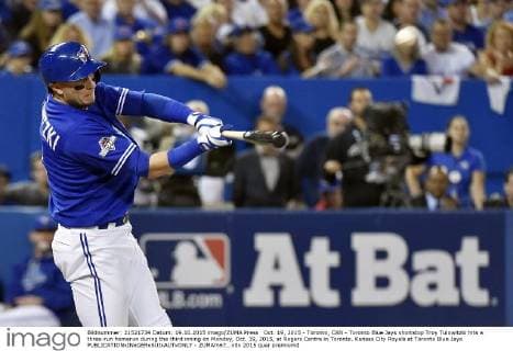 Oct. 19, 2015 - Toronto, CAN - Toronto Blue Jays shortstop Troy Tulowitzki hits a three-run homerun during the third inning on Monday, Oct. 19, 2015, at Rogers Centre in Toronto. Kansas City Royals at Toronto Blue Jays - ZUMAm67_