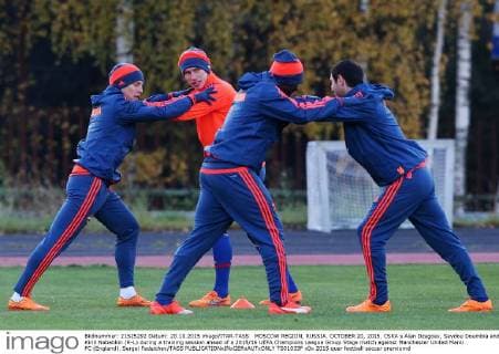 MOSCOW REGION, RUSSIA. OCTOBER 20, 2015. CSKA s Alan Dzagoev, Seydou Doumbia and Kirill Nababkin (R-L) during a training session ahead of a 2015 16 UEFA Champions League Group Stage match against Manchester United ManU FC (England). Sergei Fadeichev TASS  TS01033F