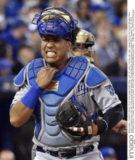 Oct. 20, 2015 - Toronto, ON, CAN - Kansas City Royals catcher Salvador Perez reacts to being hit by a foul ball in the second inning against the Toronto Blue Jays during Game 4 of the ALCS on Tuesday, Oct. 20, 2015, at Rogers Centre in Toronto. Kansas City at Toronto, ALCS Game 4 - ZUMAm67_