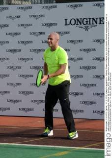 Retired American tennis star Andre Agassi attends a promotional event by watchmaker Longines in Shanghai, China, 21 October 2015. Agassi returns to tennis court to highlight commercial event in Shanghai  pbu348725_03