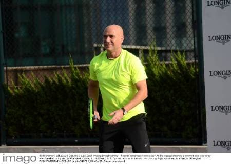 Retired American tennis star Andre Agassi attends a promotional event by watchmaker Longines in Shanghai, China, 21 October 2015. Agassi returns to tennis court to highlight commercial event in Shanghai  pbu348725_04