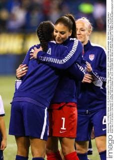 October 21, 2015: United States goalkeeper Hope Solo (1) and United State s midfielder Shannon Boxx-Spearman (7) hug before taking on Brazil. This was Boxx-Spearman s last game for the United States. The USA and Brazil tied 1-1 at Century Link Field, in Seattle, WA on October 21, 2015. ( SOCCER 2015: Brazil vs United States OCT 21 - ZUMAc04_