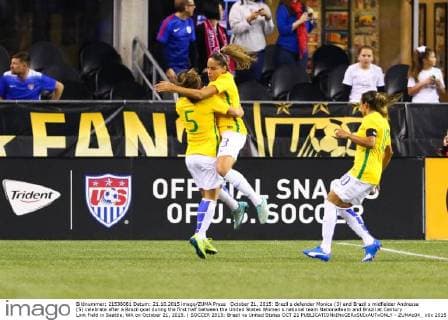 October 21, 2015: Brazil s defender Monica (3) and Brazil s midfielder Andressa (5) celebrate after a Brazil goal during the first half between the United States Women s national team Nationalteam and Brazil at Century Link Field in Seattle, WA on October 21, 2015. ( SOCCER 2015: Brazil vs United States OCT 21 - ZUMAc04_