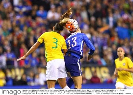 October 21, 2015: United States forward Alex Morgan (13) and Brazil s defender Monica (3) fight to get possesion on a corner kick during a game between the United States and Brazil. The USA and Brazil tied 1-1 at Century Link Field, in Seattle, WA on October 21, 2015. ( SOCCER 2015: Brazil vs United States OCT 21 - ZUMAc04_