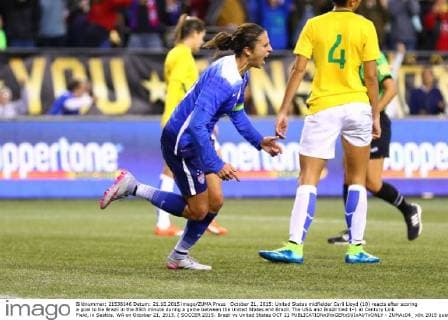 October 21, 2015: United States midfielder Carli Lloyd (10) reacts after scoring a goal to tie Brazil in the 85th minute during a game between the United States and Brazil. The USA and Brazil tied 1-1 at Century Link Field, in Seattle, WA on October 21, 2015. ( SOCCER 2015: Brazil vs United States OCT 21 - ZUMAc04_