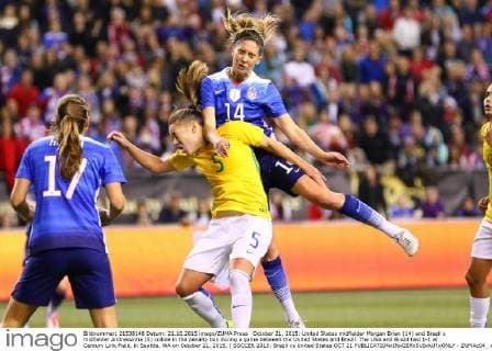 October 21, 2015: United States midfielder Morgan Brian (14) and Brazil s midfielder Andressinha (5) collide in the penalty box during a game between the United States and Brazil. The USA and Brazil tied 1-1 at Century Link Field, in Seattle, WA on October 21, 2015. ( SOCCER 2015: Brazil vs United States OCT 21 - ZUMAc04_