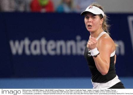 Anna Tatishvili ballt die Faust , jubelt, freut sich, Jubel, Freude Tennis, Frauen, 2015 22.10.2015 WTA Tennis Damen BGL BNP Paribas Open Luxembourg - Jelena Jankovic (SRB) vs Anna Tatishvili (USA) Kockelscheuer, Luxemburg 