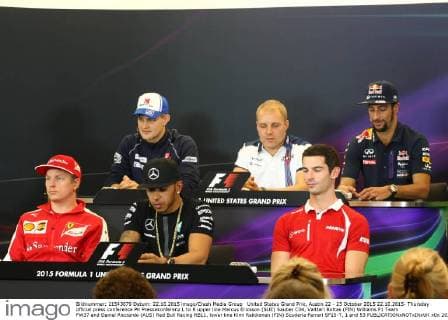 United States Grand Prix, Austin 22 - 25 October 2015 22.10.2015- Thursday official press conference PK Pressekonferenz L to R upper line Marcus Ericsson (SUE) Sauber C34, Valtteri Bottas (FIN) Williams F1 Team FW37 and Daniel Ricciardo (AUS) Red Bull Racing RB11, lower line Kimi Raikkonen (FIN) Scuderia Ferrari SF15-T, 1 and 53 