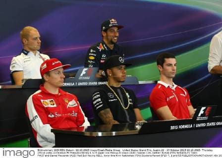 United States Grand Prix, Austin 22 - 25 October 2015 22.10.2015- Thursday official press conference PK Pressekonferenz L to R upper line Marcus Ericsson (SUE) Sauber C34, Valtteri Bottas (FIN) Williams F1 Team FW37 and Daniel Ricciardo (AUS) Red Bull Racing RB11, lower line Kimi Raikkonen (FIN) Scuderia Ferrari SF15-T, 1 and 53 
