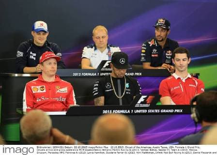 22.10.2015. Circuit of the Americas, Austin Texas, USA. Formula 1 Grand Prix. Drivers arrival and press conference PK Pressekonferenz Williams Martini Racing & x2013; Valtteri Bottas, Sauber F1 Team & x2013; Marcus Ericsson, Mercedes AMG Petronas & x2013; Lewis Hamilton, Scuderia Ferrari & x2013; Kimi Raikkonen, Infiniti Red Bull Racing & x2013; Daniel Ricciardo and Manor Marussia F1 Team & x2013; Alexander Rossi xLeannexBoonx  ActionPlus11674357
