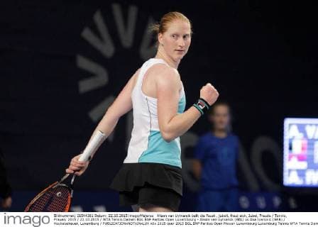 Alison van Uytvanck ballt die Faust , jubelt, freut sich, Jubel, Freude Tennis, Frauen, 2015 22.10.2015 WTA Tennis Damen BGL BNP Paribas Open Luxembourg - Alison van Uytvanck (BEL) vs Ana Ivanovic (SRB) Kockelscheuer, Luxemburg 