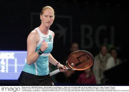 Alison van Uytvanck ballt die Faust jubelt, freut sich, Jubel, Freude Tennis, Frauen, 2015 22.10.2015 WTA Tennis Damen BGL BNP Paribas Open Luxembourg - Alison van Uytvanck (BEL) vs Ana Ivanovic (SRB) Kockelscheuer, Luxemburg 