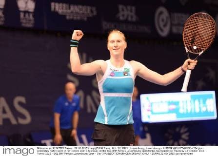 Oct. 22, 2015 - Luxembourg, Luxembourg - ALISON VAN UYTVANCK of Belgium celebrates match point in her victory over A Ivanovic. at the BGL BNP Paribas Luxembourg Open tennis tournament on Thursday 22 October 2015 Tennis 2015 - BGL BNP Paribas Luxembourg Open - Day 3 - ZUMAl132