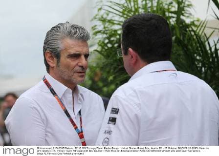 United States Grand Prix, Austin 22 - 25 October 2015 22.10.2015- Maurizio Arrivabene (ITA) Ferrari Team Principal with Eric Boullier (FRA) McLaren Racing Director 