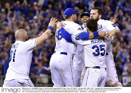 Oct. 23, 2015 - Kansas City, MO, USA - Kansas City Royals players celebrate a series-clinching 4-3 win against the Toronto Blue Jays in Game 6 of the ALCS on Friday, Oct. 23, 2015, at Kauffman Stadium in Kansas City, Mo. Toronto at Kansas City, ALCS Game 6 - ZUMAm67_