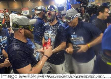 Members of the Kansas City Royals celebrate in the clubhouse after the Royals won the American Leave Championship Series after defeating the Toronto Blue Jays 4-3 in game 6 at Kaufman Stadium in Kansas City on October 23, 2015. Hosmer drove home the game winning run.  KCP20151024811 KEVINxDIETSCH