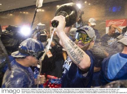 Members of the Kansas City Royals celebrate in the clubhouse after the Royals won the American Leave Championship Series after defeating the Toronto Blue Jays 4-3 in game 6 at Kaufman Stadium in Kansas City on October 23, 2015. Hosmer drove home the game winning run.  KCP20151024813 KEVINxDIETSCH