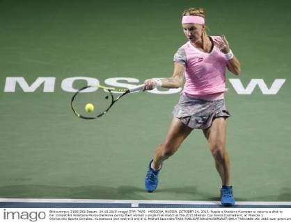 MOSCOW, RUSSIA. OCTOBER 24, 2015. Russia s Svetlana Kuznetsova returns a shot to her compatriot Anastasia Pavlyuchenkova during their women s single final match at the 2015 Kremlin Cup tennis tournament, at Moscow s Olympiysky Sports Complex. Kuznetsova won with 6-2 and 6-1. Mikhail Japaridze TASS  TS010806