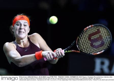 MOSCOW, RUSSIA. OCTOBER 24, 2015. Russia s Anastasia Pavlyuchenkova returns a shot to her compatriot Svetlana Kuznetsova during their women s single final match at the 2015 Kremlin Cup tennis tournament, at Moscow s Olympiysky Sports Complex. Kuznetsova won with 6-2 and 6-1.Mikhail Japaridze TASS  TS0107FA