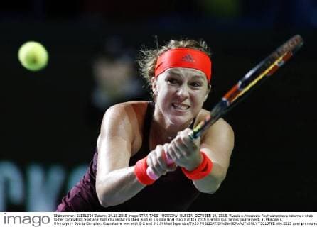 MOSCOW, RUSSIA. OCTOBER 24, 2015. Russia s Anastasia Pavlyuchenkova returns a shot to her compatriot Svetlana Kuznetsova during their women s single final match at the 2015 Kremlin Cup tennis tournament, at Moscow s Olympiysky Sports Complex. Kuznetsova won with 6-2 and 6-1.Mikhail Japaridze TASS  TS0107FB