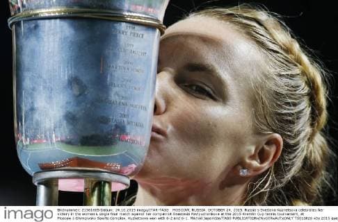MOSCOW, RUSSIA. OCTOBER 24, 2015. Russia s Svetlana Kuznetsova celebrates her victory in the women s single final match against her compatriot Anastasia Pavlyuchenkova at the 2015 Kremlin Cup tennis tournament, at Moscow s Olympiysky Sports Complex. Kuznetsova won with 6-2 and 6-1. Mikhail Japaridze TASS  TS010826
