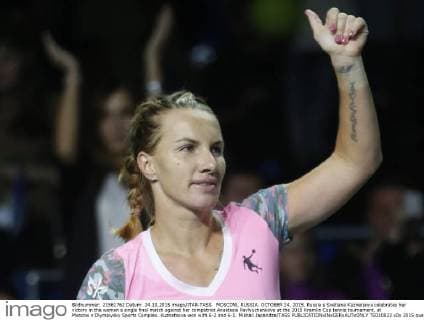 MOSCOW, RUSSIA. OCTOBER 24, 2015. Russia s Svetlana Kuznetsova celebrates her victory in the women s single final match against her compatriot Anastasia Pavlyuchenkova at the 2015 Kremlin Cup tennis tournament, at Moscow s Olympiysky Sports Complex. Kuznetsova won with 6-2 and 6-1. Mikhail Japaridze TASS  TS010823