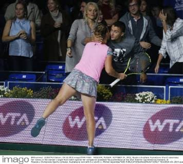 MOSCOW, RUSSIA. OCTOBER 24, 2015. Russia s Svetlana Kuznetsova (front) celebrates her victory in the women s single final match against her compatriot Anastasia Pavlyuchenkova at the 2015 Kremlin Cup tennis tournament, at Moscow s Olympiysky Sports Complex. Kuznetsova won with 6-2 and 6-1. Mikhail Japaridze TASS  TS010824