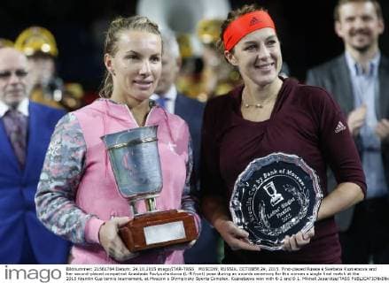 MOSCOW, RUSSIA. OCTOBER 24, 2015. First-placed Russia s Svetlana Kuznetsova and her second-placed compatriot Anastasia Pavlyuchenkova (L-R front) pose during an awards ceremony for the women s single final match at the 2015 Kremlin Cup tennis tournament, at Moscow s Olympiysky Sports Complex. Kuznetsova won with 6-2 and 6-1. Mikhail Japaridze TASS  TS010825