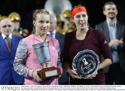 MOSCOW, RUSSIA. OCTOBER 24, 2015. First-placed Russia s Svetlana Kuznetsova and her second-placed compatriot Anastasia Pavlyuchenkova (L-R front) pose during an awards ceremony for the women s single final match at the 2015 Kremlin Cup tennis tournament, at Moscow s Olympiysky Sports Complex. Kuznetsova won with 6-2 and 6-1. Mikhail Japaridze TASS  TS01081C