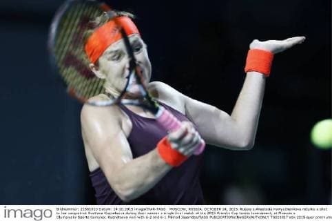 MOSCOW, RUSSIA. OCTOBER 24, 2015. Russia s Anastasia Pavlyuchenkova returns a shot to her compatriot Svetlana Kuznetsova during their women s single final match at the 2015 Kremlin Cup tennis tournament, at Moscow s Olympiysky Sports Complex. Kuznetsova won with 6-2 and 6-1.Mikhail Japaridze TASS  TS010817