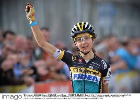 - KRUIBEKE, BELGIUM: Belgian Jolien Verschueren celebrates as she crosses the finish line to win the women s race at the third edition of the Poldercross cyclocross cycling race in Bazel, Kruibeke, Saturday 24 October 2015. DAVIDxSTOCKMAN  x04727102x