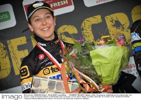 - KRUIBEKE, BELGIUM: Belgian Jolien Verschueren celebrates on the podium after the women s race at the third edition of the Poldercross cyclocross cycling race in Bazel, Kruibeke, Saturday 24 October 2015. DAVIDxSTOCKMAN  x04727103x