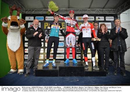 - KRUIBEKE, BELGIUM: Belgian Yentl Bekaert, Belgian Alex Colman and Belgian Jarno Liessens celebrate on the podium after the junior s race at the third edition of the Poldercross cyclocross cycling race in Bazel, Kruibeke, Saturday 24 October 2015. DAVIDxSTOCKMAN  x04727036x