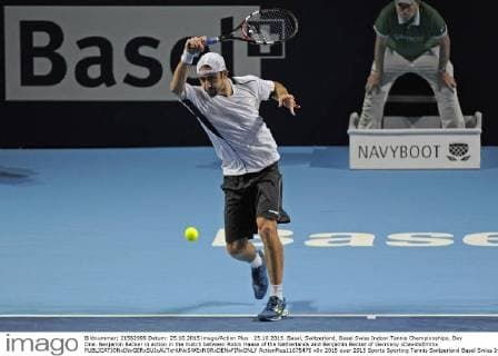25.10.2015. Basel, Switzerland. Basel Swiss Indoor Tennis Championships. Day One. Benjamin Becker in action in the match between Robin Haase of the Netherlands and Benjamin Becker of Germany xDavidxEmmx  ActionPlus11675475