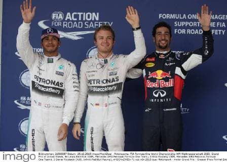 Motorsports: FIA Formula One World Championship WM Weltmeisterschaft 2015, Grand Prix of United States, 44 Lewis Hamilton (GBR, Mercedes AMG Petronas Formula One Team), 6 Nico Rosberg (GER, Mercedes AMG Petronas Formula One Team), 3 Daniel Ricciardo (AUS, Infiniti Red Bull Racing), xHOCHxZWEIx