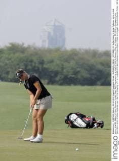 GURGAON, INDIA - OCTOBER 25: Golfer Emily Kristine Pedersen plays a shot during the 9th Edition of Hero Womens Indian Open Golf Championship at the DLF Golf & Country Club, on October 25, 2015 in Gurgaon, India. Denmark s Emily Kristine Pedersen won the title following a 73 in the $400,000 Hero Womens Indian Open. (Photo by Parveen Kumar Hindustan Times ) 9th Edition Of Hero Womens Indian Open Golf Championship